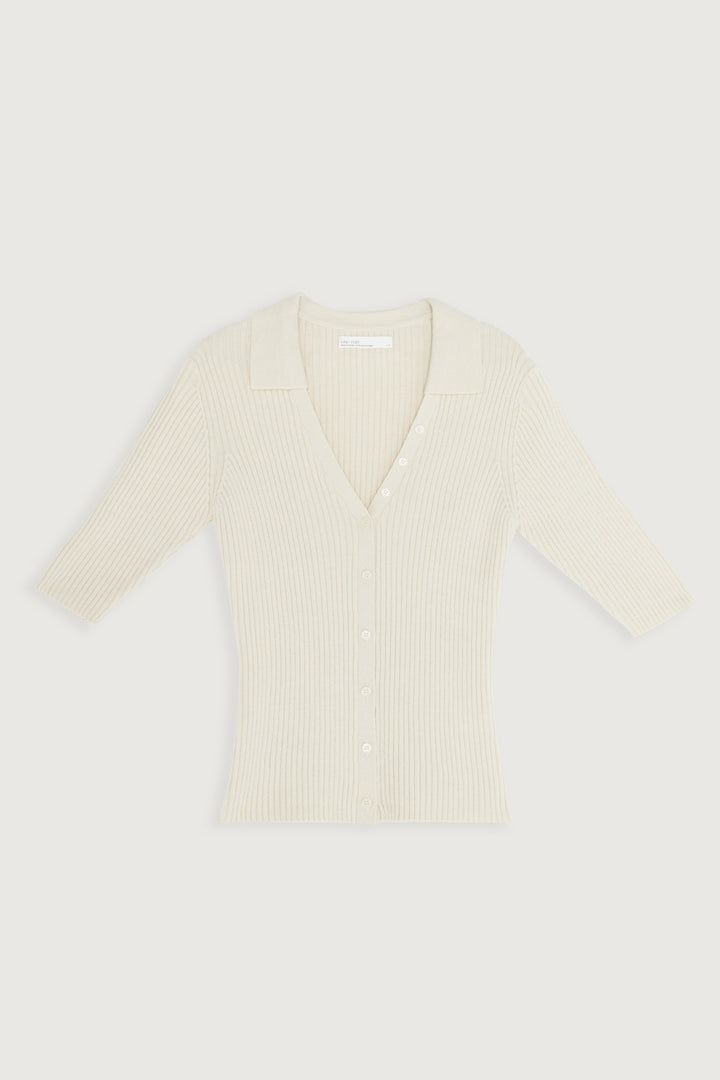 RIB-KNIT COLLARED BUTTON UP in Whitecap Grey — alternate angle