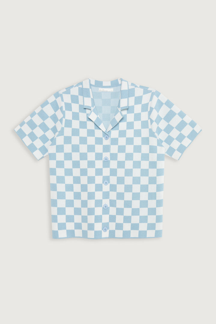 CHECKERED KNIT TOP in Baby Blue Check — alternate angle