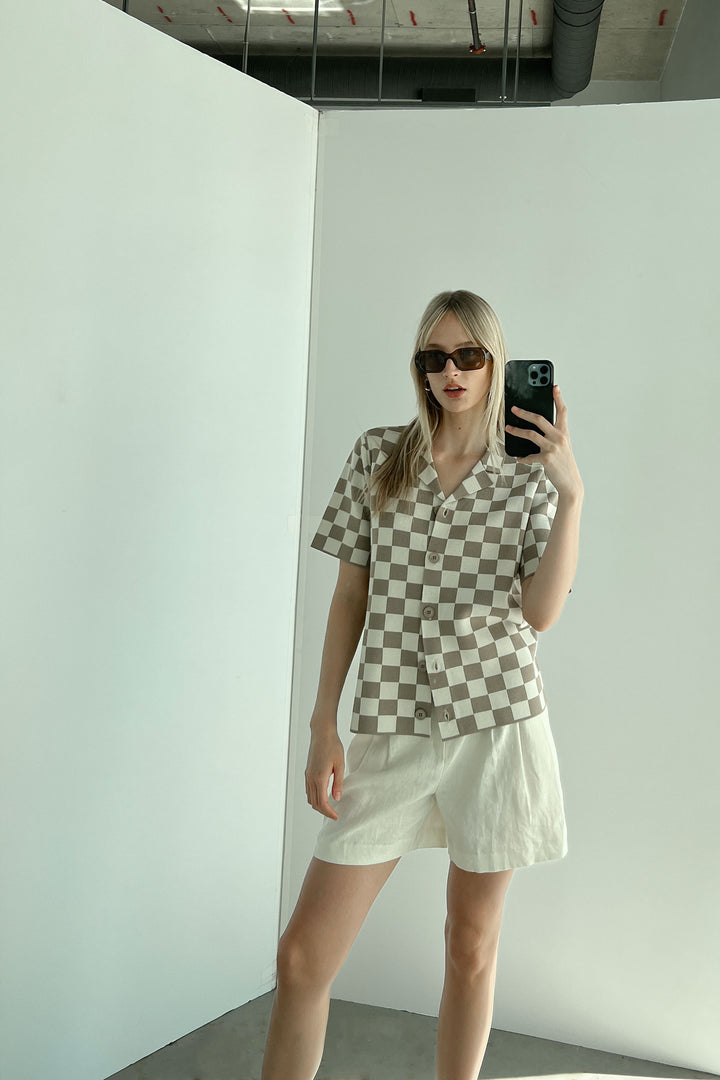 CHECKERED KNIT TOP in Taupe Check — alternate angle