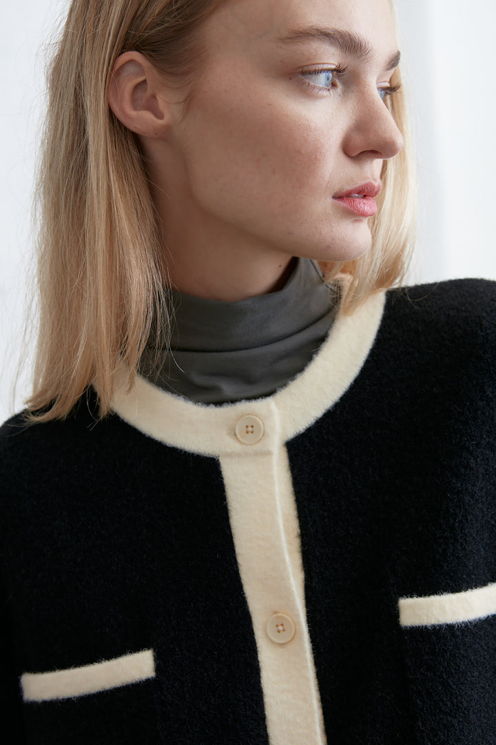 FUZZY COLOUR BLOCK CARDIGAN in Black Cream — alternate angle
