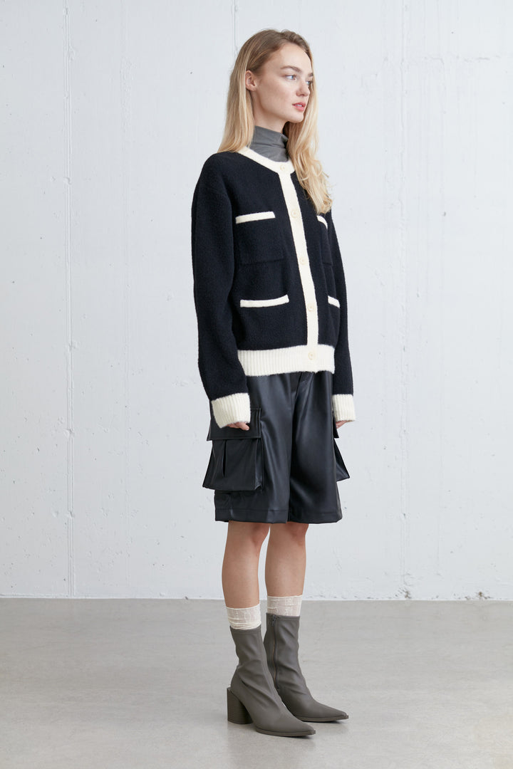 FUZZY COLOUR BLOCK CARDIGAN in Black Cream — alternate angle