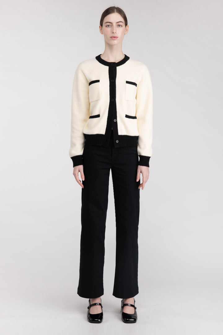 FUZZY COLOUR BLOCK CARDIGAN in Cream Black — alternate angle