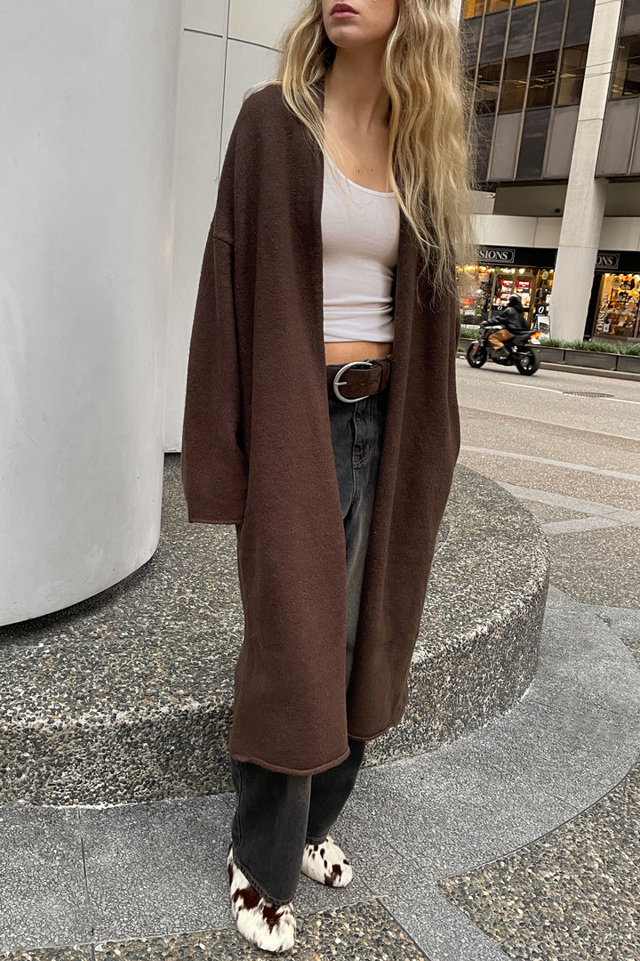 COZY LONG OPEN FRONT CARDIGAN in Chocolate Brown — alternate angle