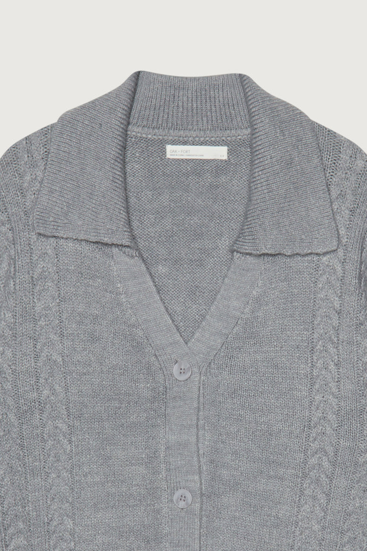 CABLE KNIT BUTTON UP CARDIGAN in Medium Heather Grey — alternate angle