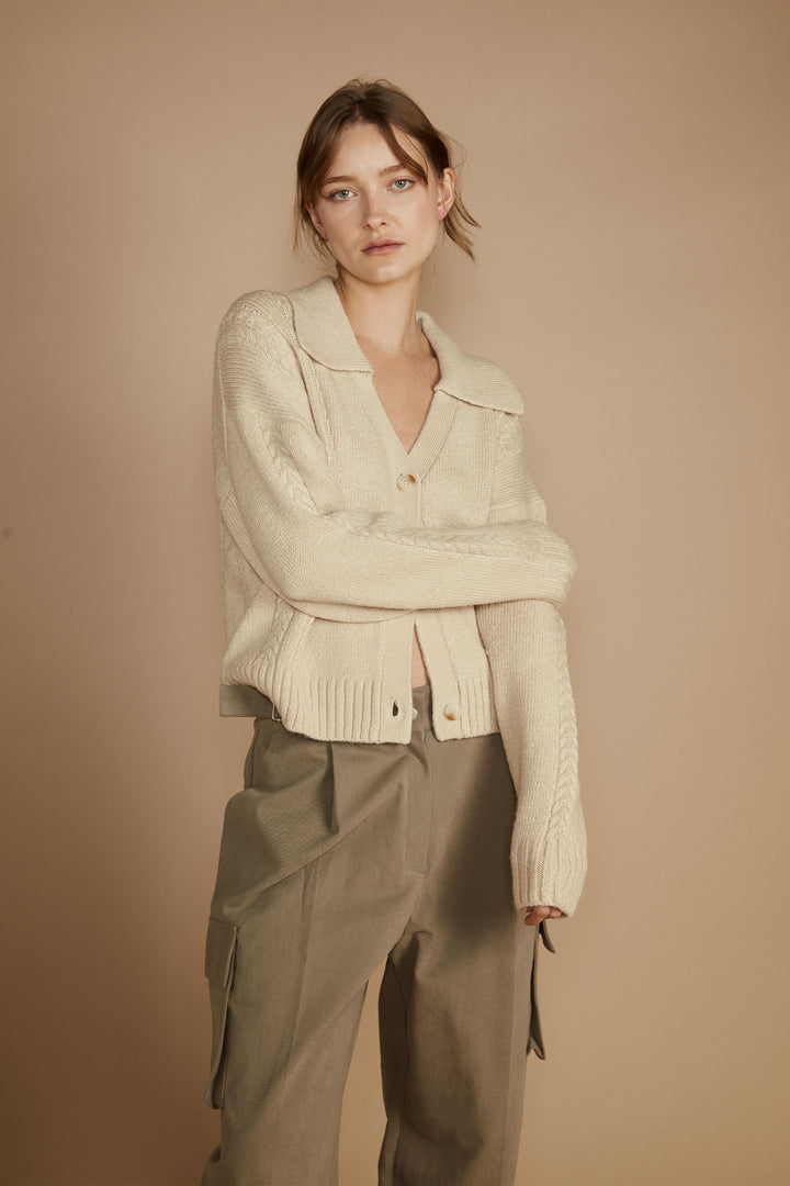 CABLE KNIT BUTTON UP CARDIGAN in Oatmeal — alternate angle
