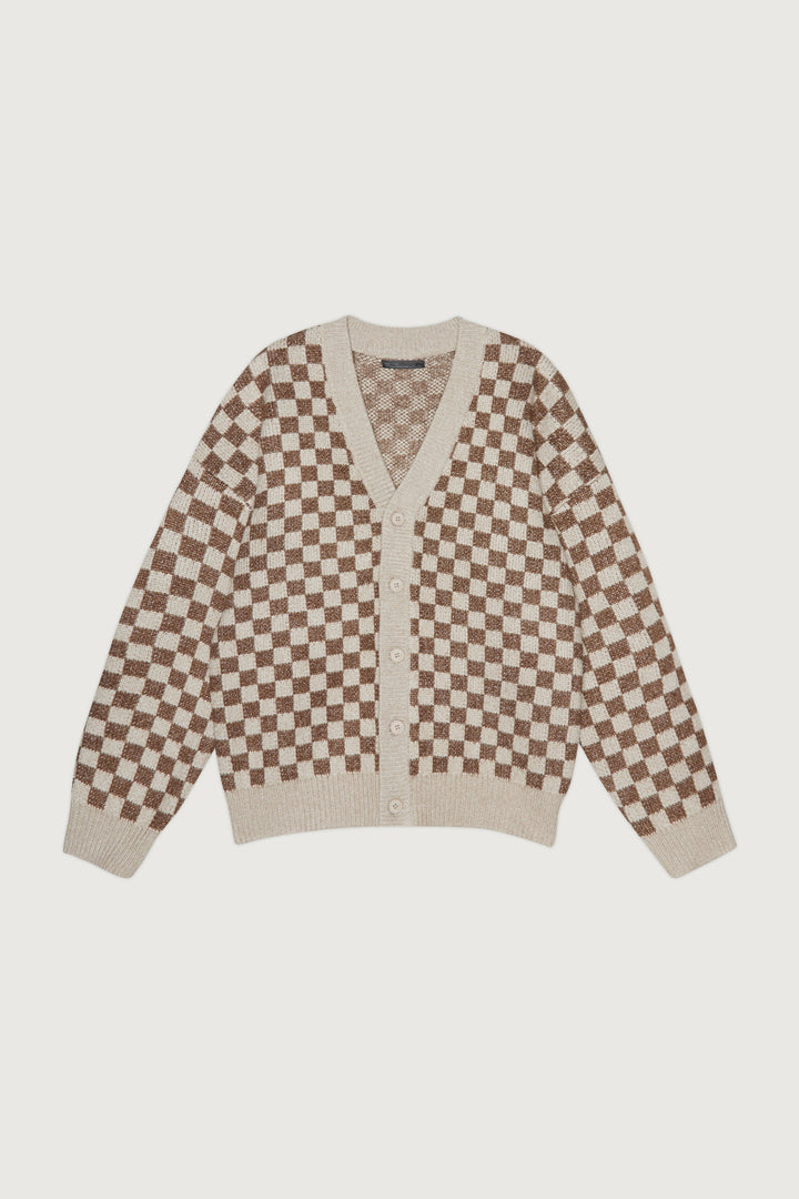 CHECKERED CARDIGAN in Chocolate Checker — alternate angle