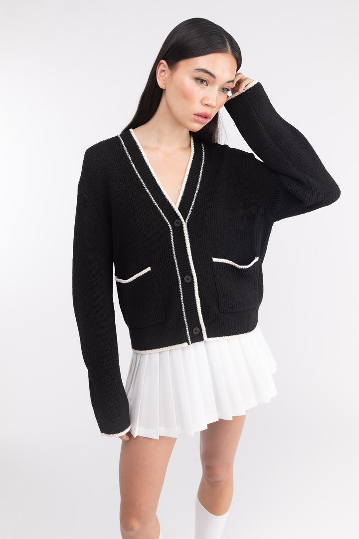 CONTRAST TRIM CARDIGAN in Black Cream — alternate angle