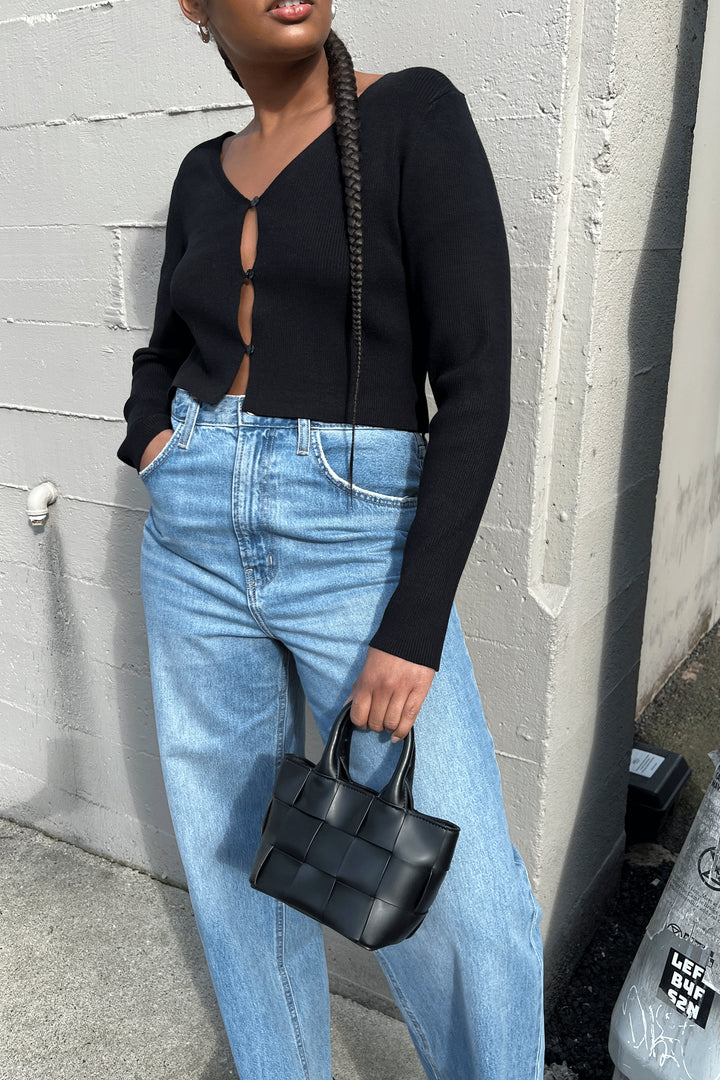 CROPPED BUTTON FRONT CARDIGAN in Black — alternate angle