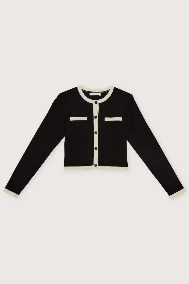 CROPPED CONTRAST TRIM CARDIGAN in Cream Black — alternate angle