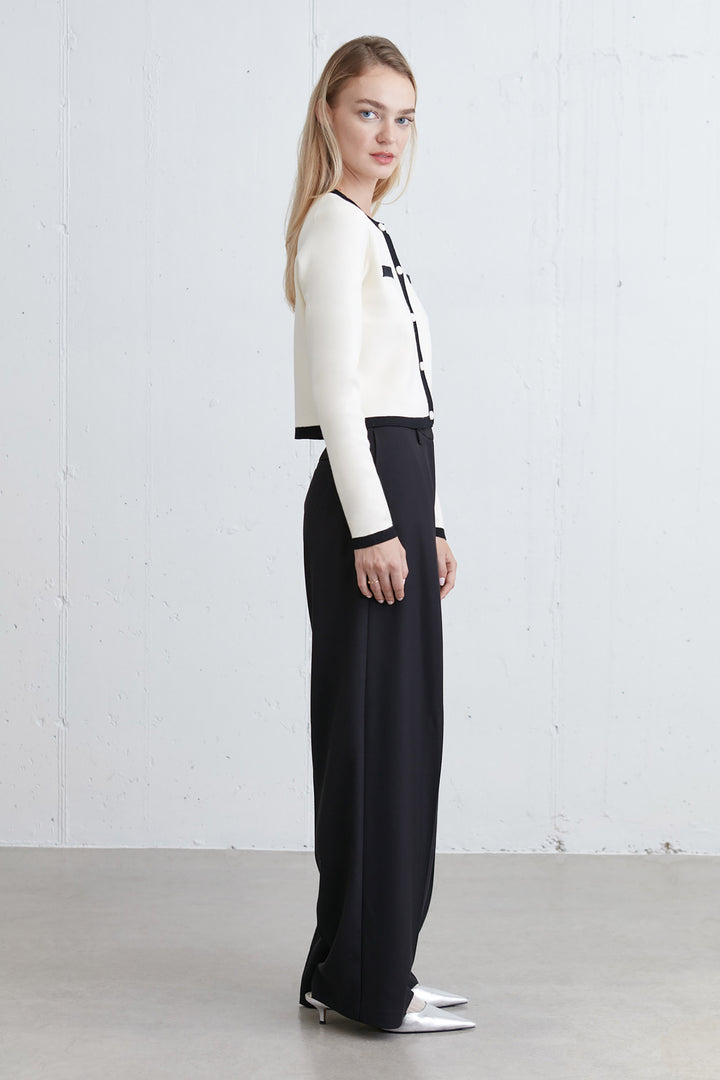 CROPPED CONTRAST TRIM CARDIGAN in Cream Black — alternate angle