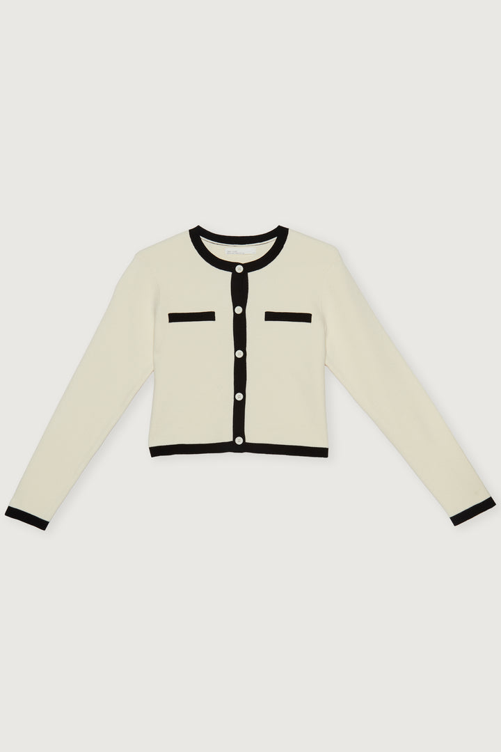 CROPPED CONTRAST TRIM CARDIGAN in Black Cream — alternate angle