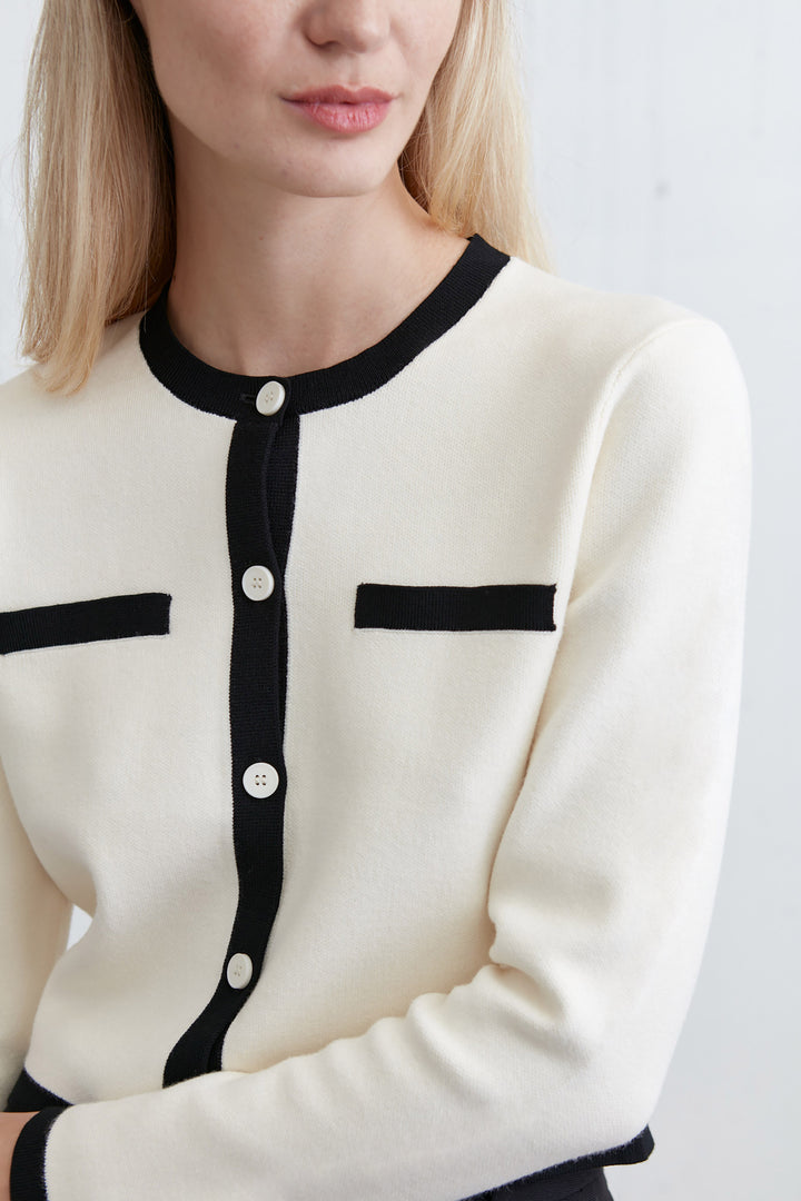 CROPPED CONTRAST TRIM CARDIGAN in Cream Black — alternate angle