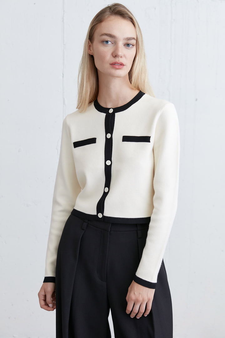 CROPPED CONTRAST TRIM CARDIGAN in Cream Black — alternate angle