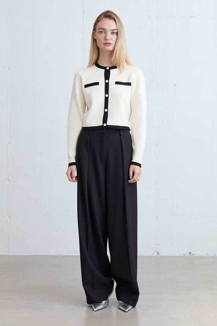 CROPPED CONTRAST TRIM CARDIGAN in Cream Black — alternate angle