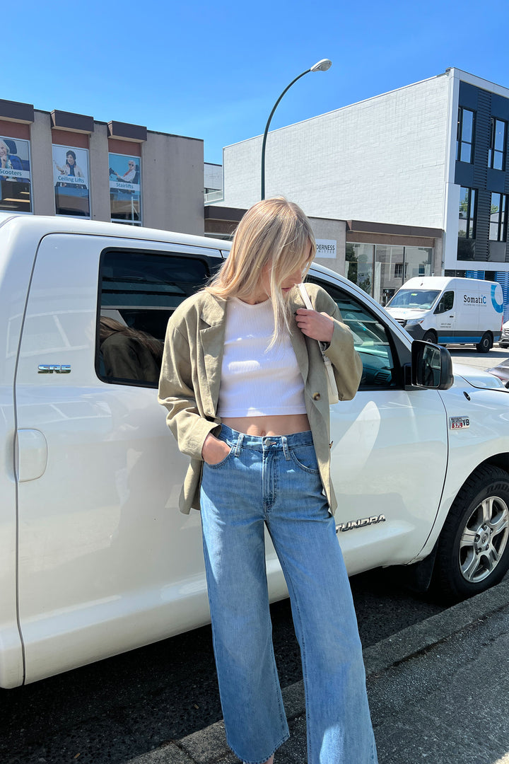 100% LINEN RELAXED FIT BLAZER in Khaki Twill — alternate angle