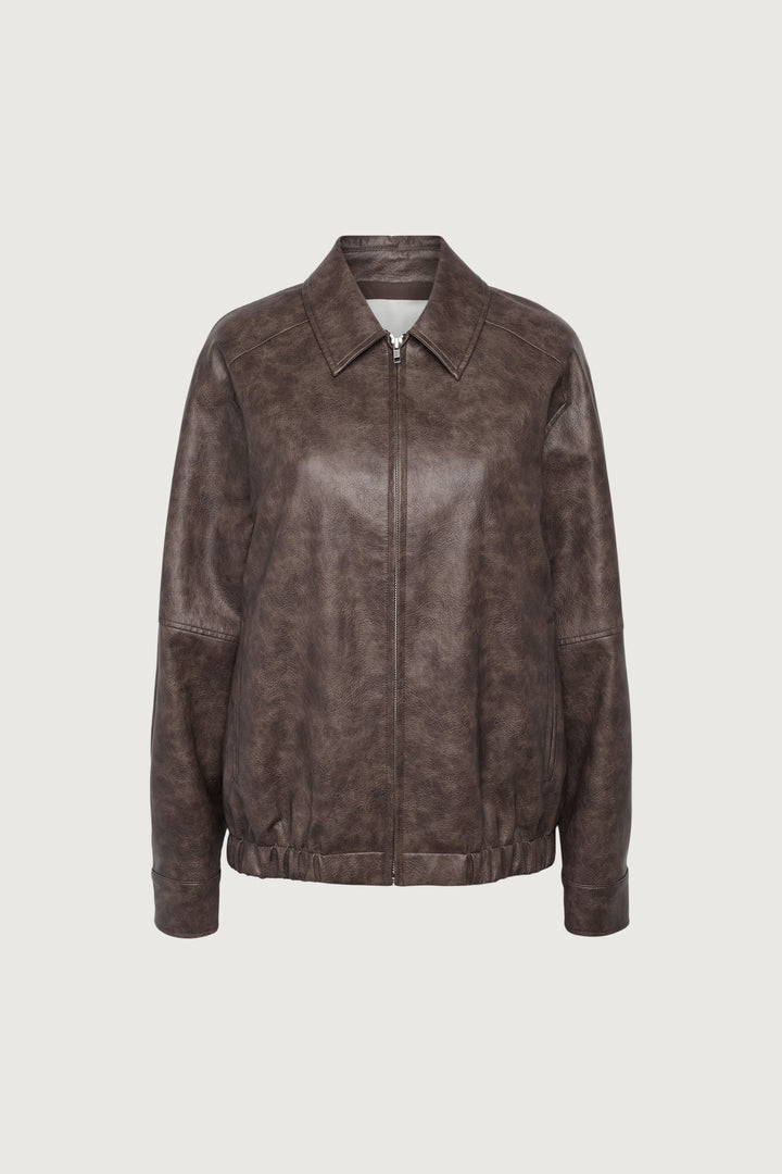 VEGAN LEATHER BOMBER JACKET in Brown — alternate angle