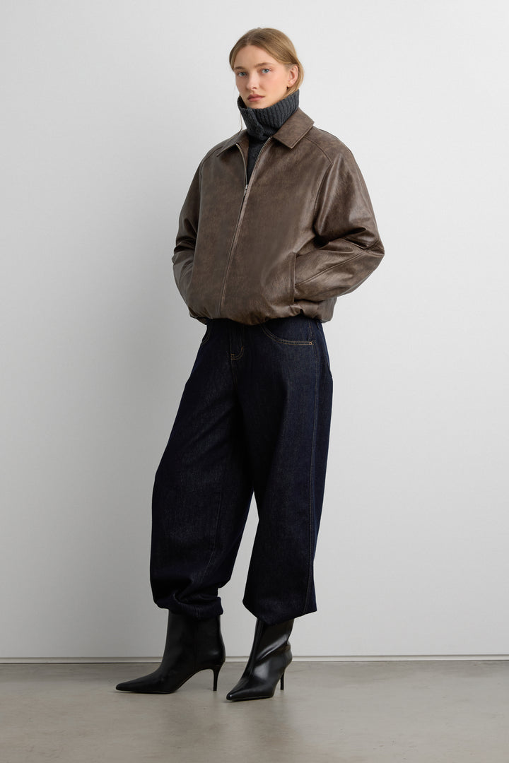 VEGAN LEATHER BOMBER JACKET in Brown — alternate angle