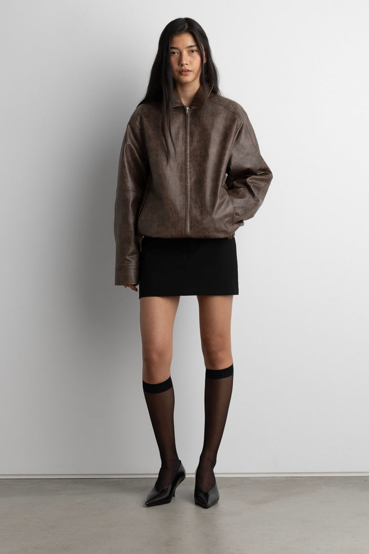 VEGAN LEATHER BOMBER JACKET in Brown — alternate angle