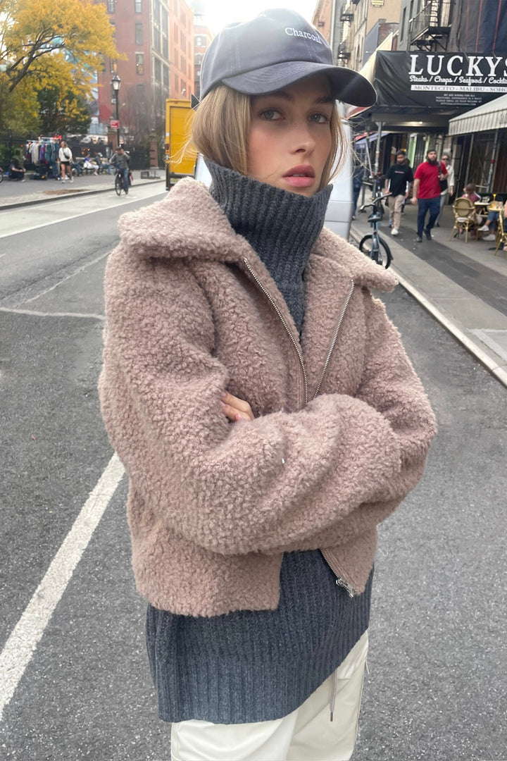 CROPPED SHERPA BOMBER JACKET in Taupe Grey — alternate angle