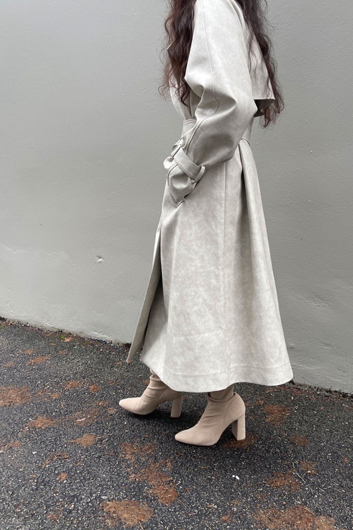 VEGAN LEATHER TRENCH COAT in Pelican — alternate angle