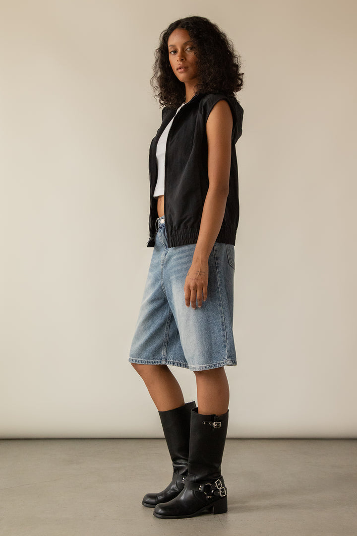 NYLON HOODED ZIP-UP VEST in Black — alternate angle