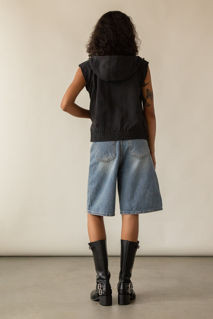 NYLON HOODED ZIP-UP VEST in Black — alternate angle