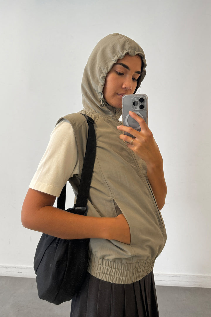 NYLON HOODED ZIP-UP VEST in Vetiver — alternate angle