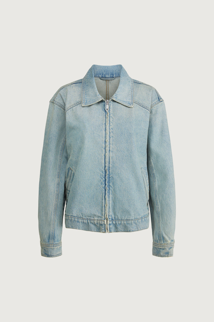 DENIM BOMBER JACKET in Sand Wash — alternate angle