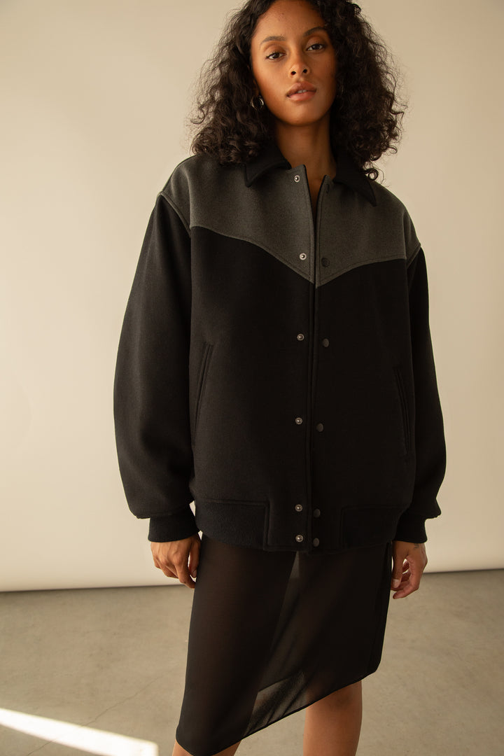 WESTERN INSPIRED WOOL-BLEND BOMBER JACKET in Black Gunmetal — alternate angle