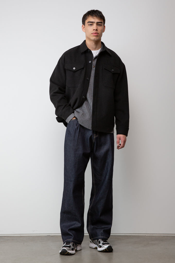 WOOL BLEND BUTTON FRONT SHIRT in Black — alternate angle