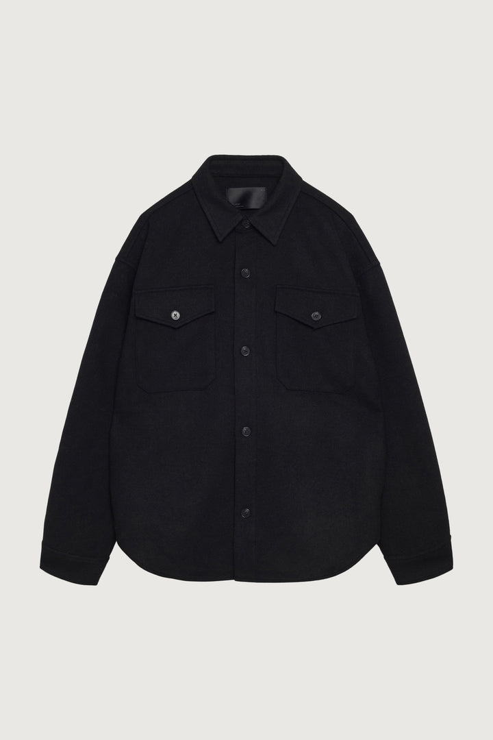 WOOL BLEND BUTTON FRONT SHIRT in Black — alternate angle