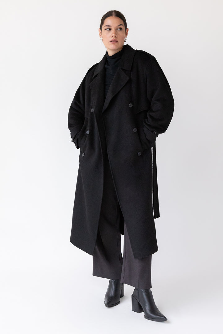 BRUSHED WOOL-BLEND BELTED COAT in Black — alternate angle