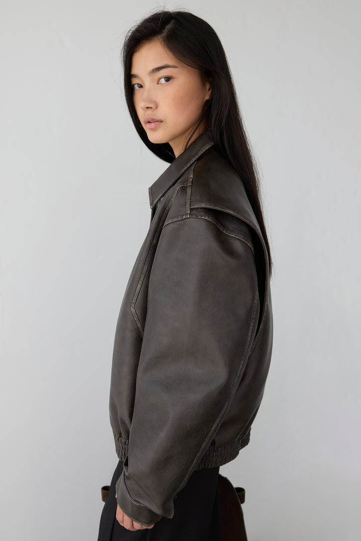 VINTAGE INSPIRED VEGAN LEATHER BOMBER JACKET in Vintage Brown — alternate angle