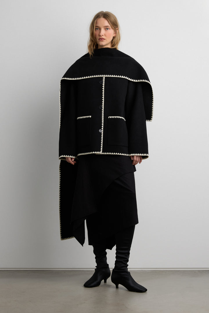 WOOL-BLEND CONTRAST STITCH SCARF JACKET