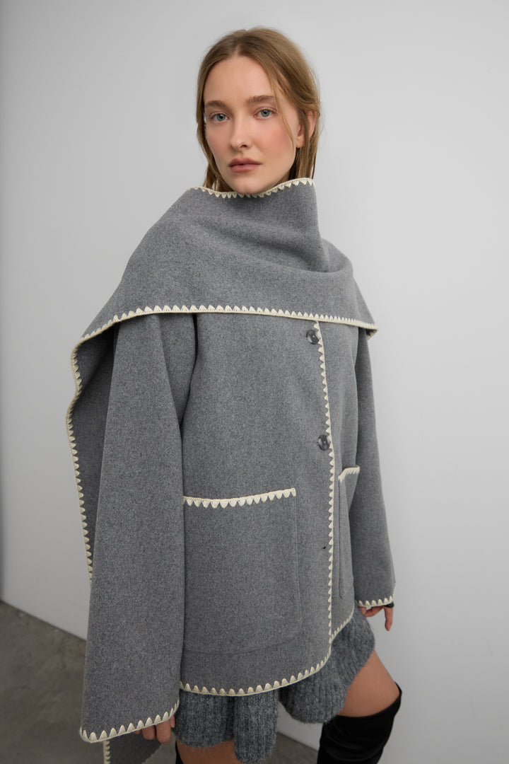 WOOL-BLEND CONTRAST STITCH SCARF JACKE in Medium Heather Grey — alternate angle