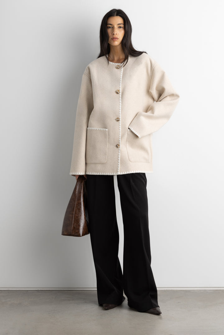 WOOL-BLEND CONTRAST STITCH SCARF JACKET in Oatmeal — alternate angle