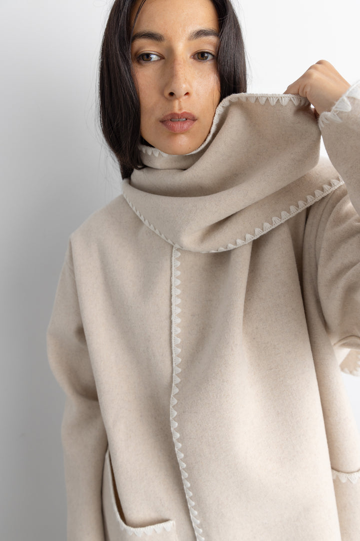 WOOL-BLEND CONTRAST STITCH SCARF JACKE in Oatmeal — alternate angle