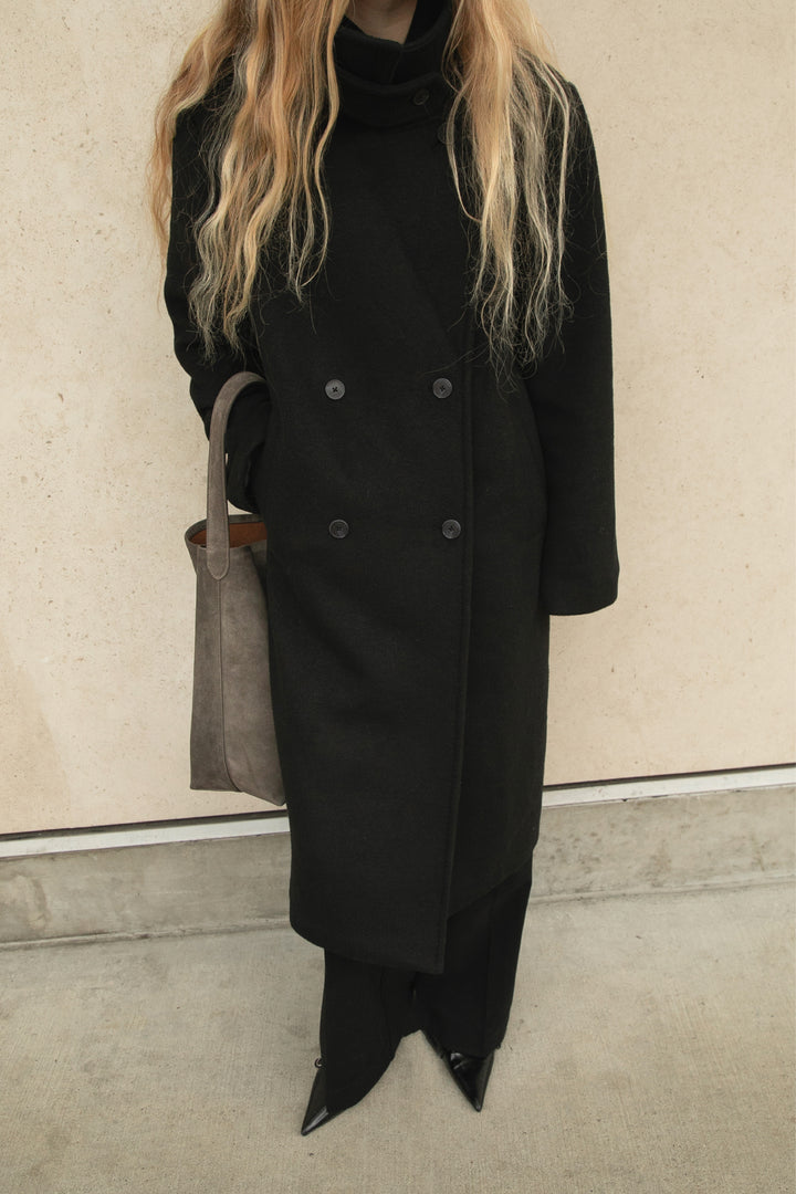 WOOL-BLEND DOUBLE BREASTED COAT WITH POCKETS in Black — alternate angle