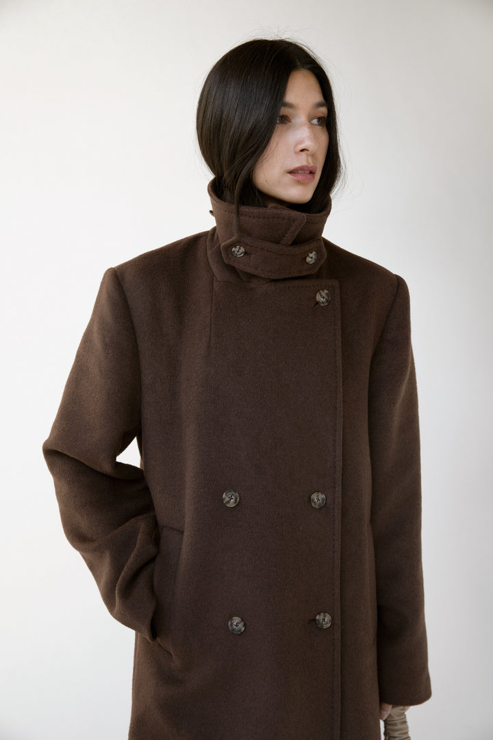 WOOL-BLEND DOUBLE BREASTED COAT WITH POCKETS in Dark Cocoa — alternate angle