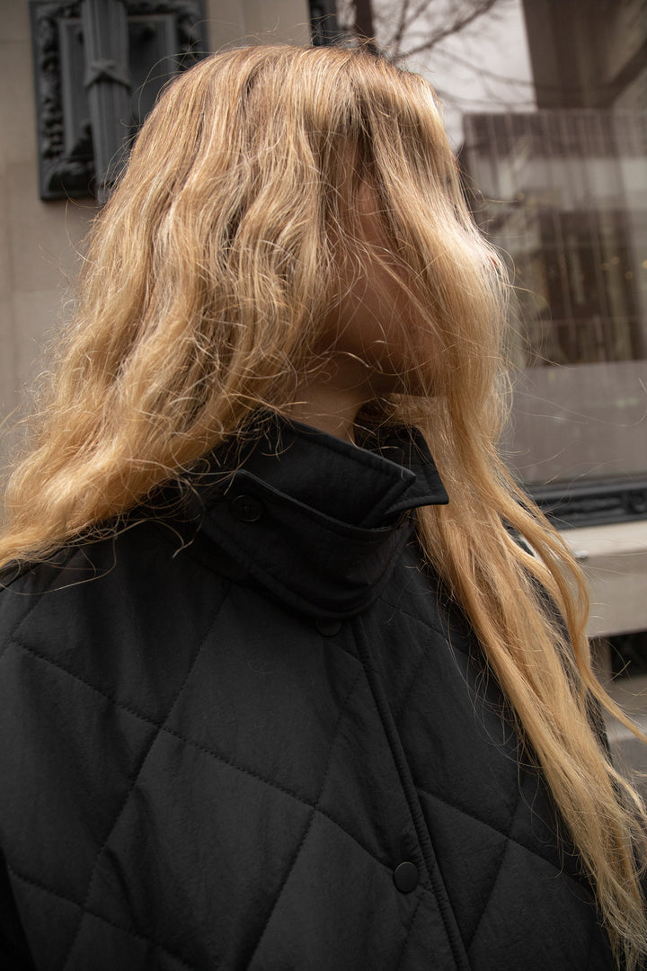 QUILTED PUFFER MIDI SHACKET in Black — alternate angle