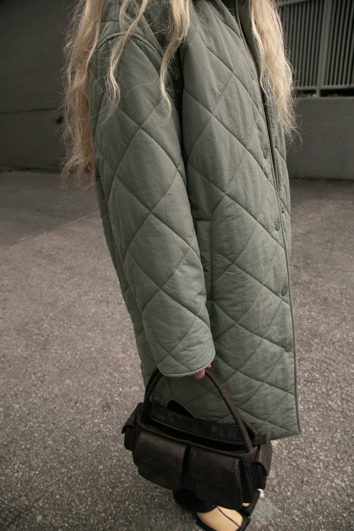 QUILTED PUFFER MIDI SHACKET in Mulled Basil — alternate angle