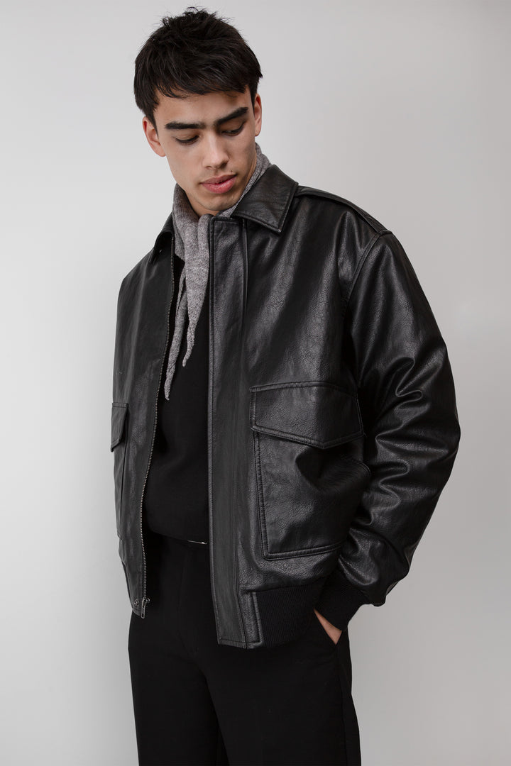 VEGAN LEATHER BOMBER JACKET in Black — alternate angle