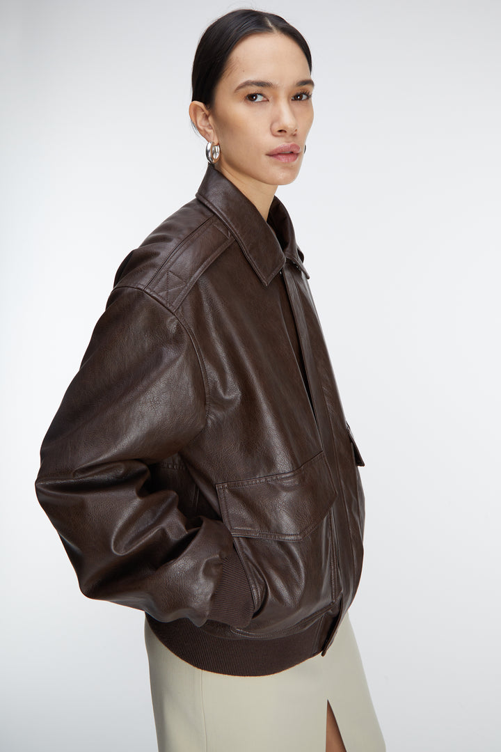 VEGAN LEATHER BOMBER JACKET in Turkish Coffee — alternate angle