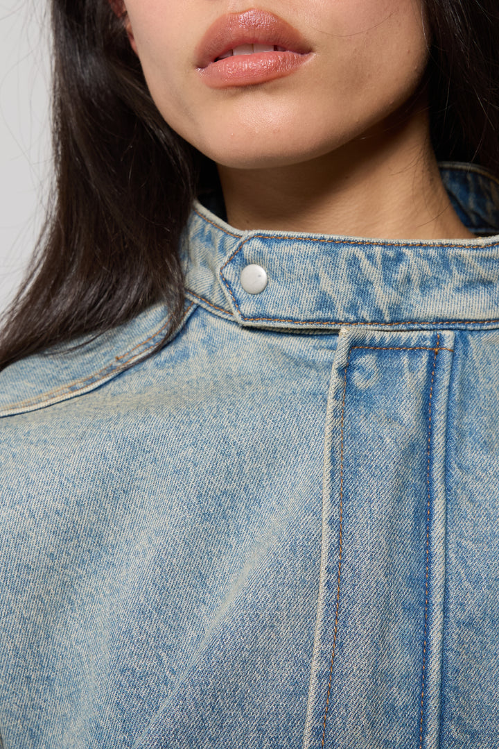 DENIM MOTO BOMBER JACKET in Green Cast Medium Wash — alternate angle