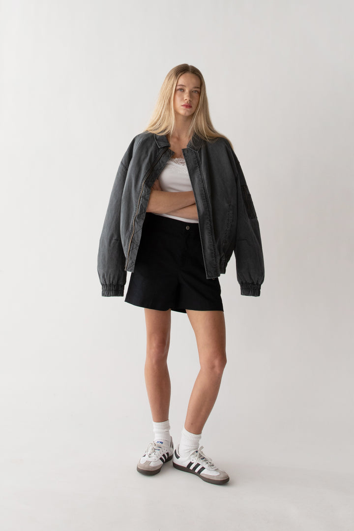 WASHED EFFECT COTTON UTILITY BOMBER JACKET in Washed Black — alternate angle