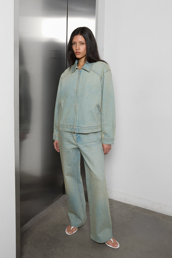COLLARED DENIM BOMBER JACKET in Sand Light Wash Denim — alternate angle