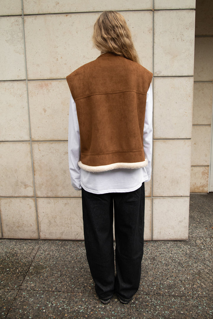 VEGAN SUEDE SHERPA VEST in Camel — alternate angle