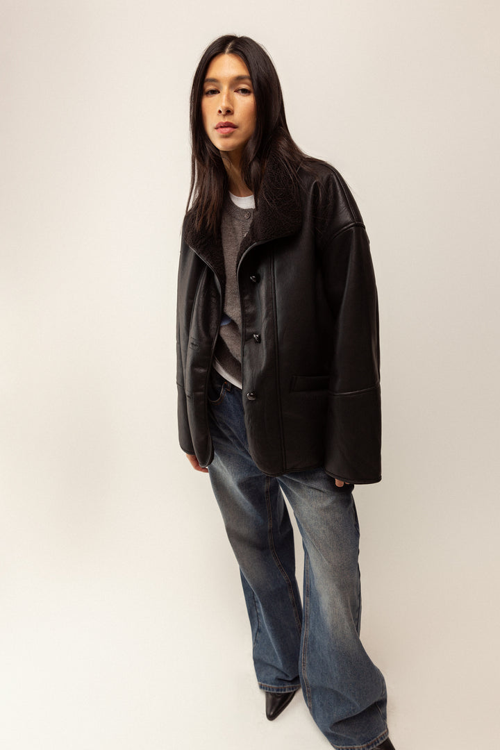 OVERSIZED VEGAN SUEDE SHERPA JACKET in Black — alternate angle