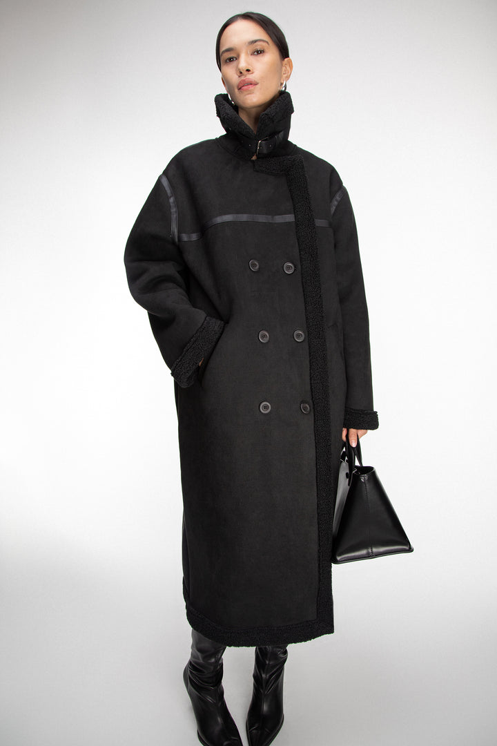LONG VEGAN SUEDE SHERPA COAT in Black — alternate angle