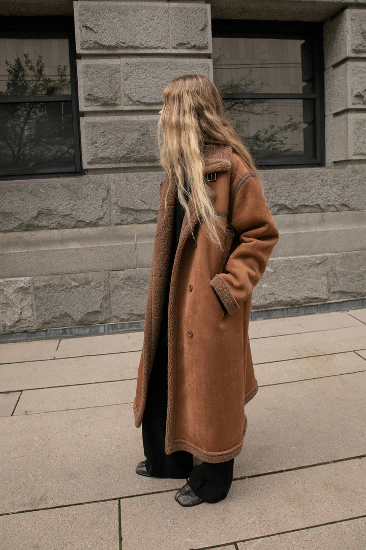 LONG VEGAN SUEDE SHERPA COAT in Brown — alternate angle